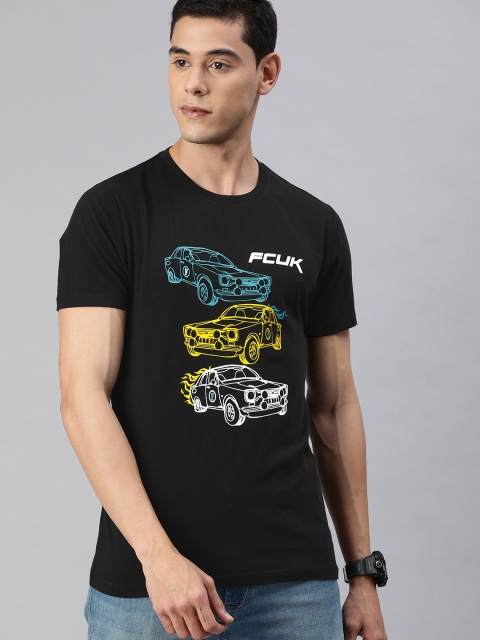 

French Connection Men Black Slim Fit Graphic Printed Round Neck Pure Cotton T-shirt