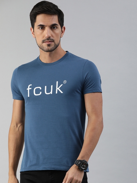 

French Connection Men Blue Printed Round Neck Pure Cotton T-shirt
