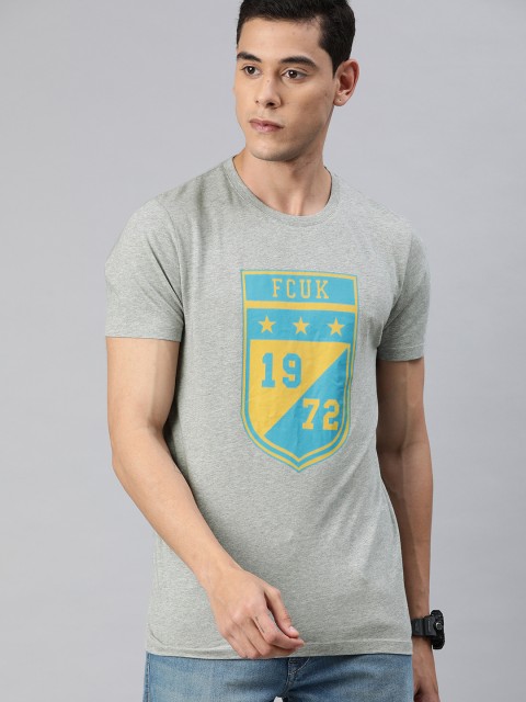 

French Connection Men Grey Melange Slim Fit Brand Logo Printed Round Neck T-shirt