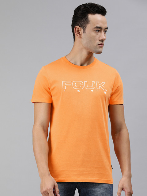 

French Connection Men Orange Printed Slim Fit Round Neck T-shirt