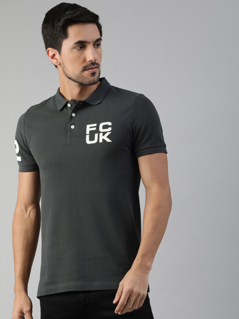 

French Connection Men Charcoal Grey Solid Polo Collar Pure Cotton T-shirt with Printed Detailing
