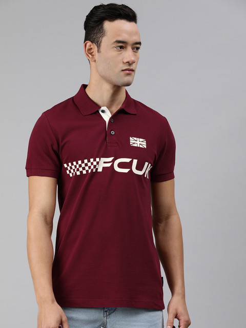 

French Connection Maroon Typography Printed Polo Collar T-shirt