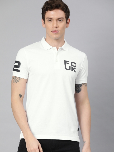 

French Connection Men White Printed Polo Collar T-shirt