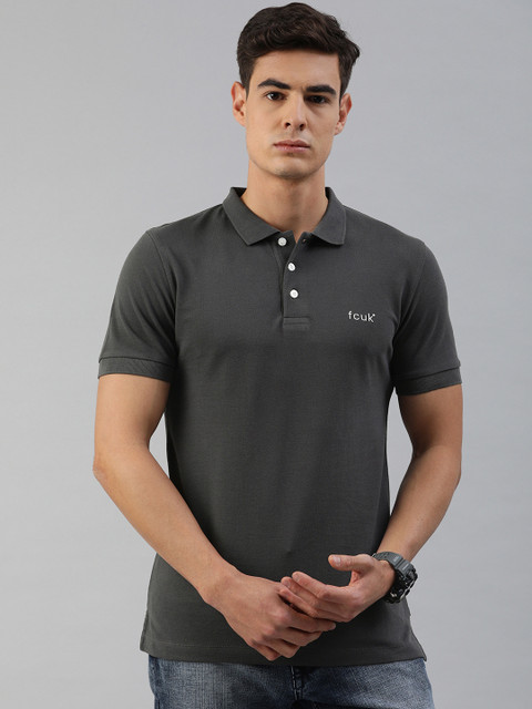 

French Connection Men Grey Solid Slim Fit Polo Collar T-shirt