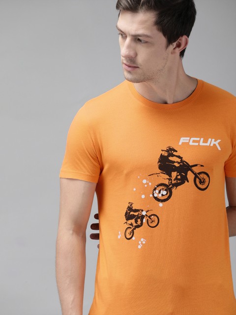 

French Connection Men Coral Orange Printed Round Neck Pure Cotton T-shirt