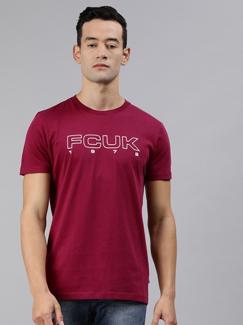 

French Connection Men Maroon Printed Round Neck Pure Cotton T-shirt