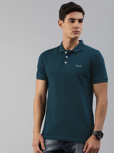 

French Connection Men Teal Blue Solid Slim Fit Polo Collar T-shirt