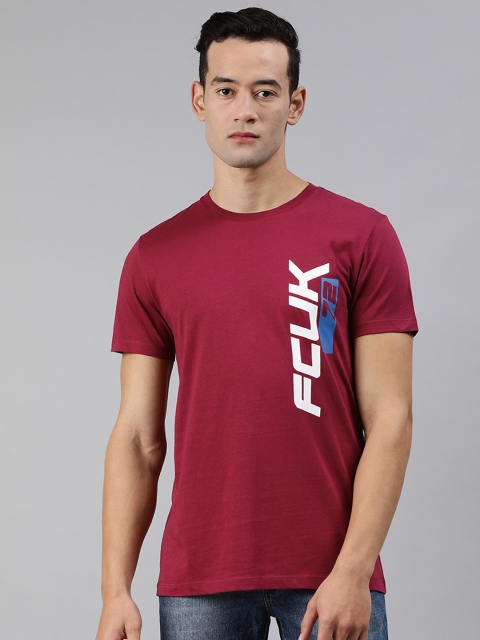 

French Connection Men Maroon Printed Round Neck Pure Cotton T-shirt