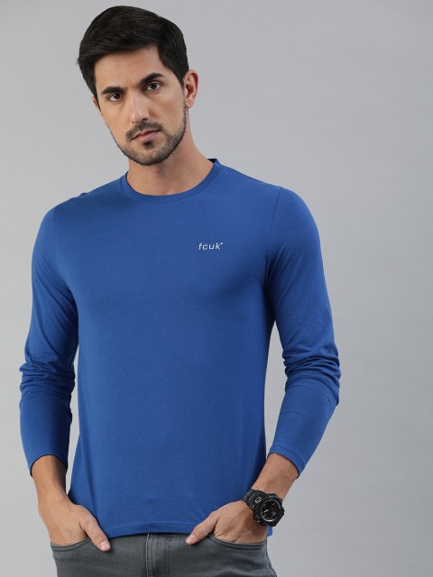 

French Connection Men Blue Solid Round Neck Pure Cotton T-shirt