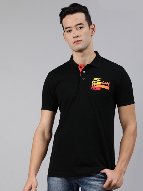 

French Connection Men Black Printed Polo Collar T-shirt