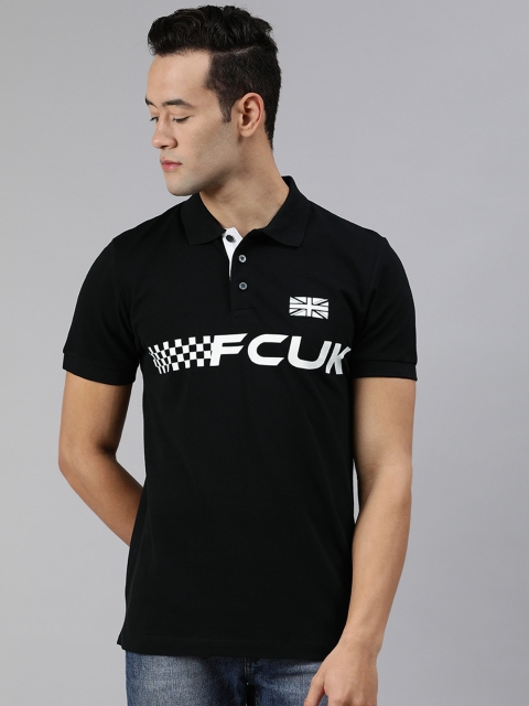 

French Connection Men Black Printed Polo Collar T-shirt