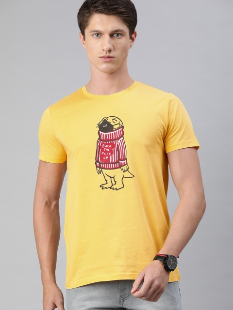 

French Connection Men Yellow Slim Fit Graphic Printed Round Neck Pure Cotton T-shirt