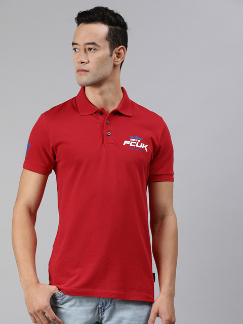 

French Connection Red Typography Printed Polo Collar T-shirt