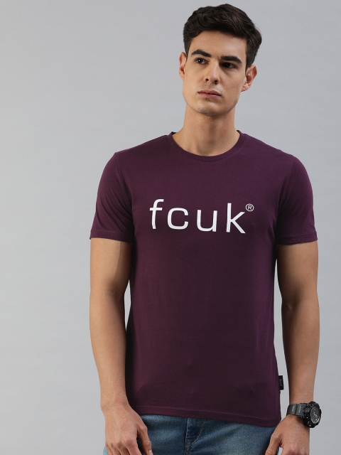 

French Connection Men Purple Printed Round Neck Pure Cotton T-shirt
