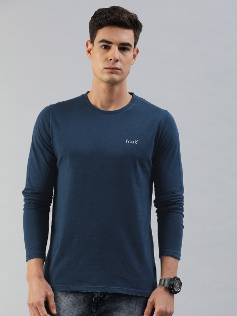 

French Connection Men Blue Solid Round Neck Pure Cotton T-shirt