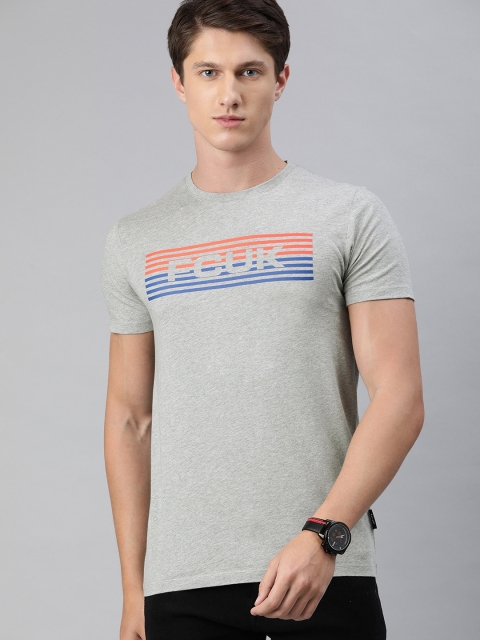 

French Connection Men Grey Melange Printed Round Neck Pure Cotton T-shirt
