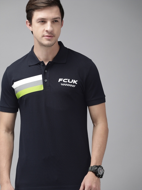 

French Connection Men Navy Blue Printed Polo Collar T-shirt