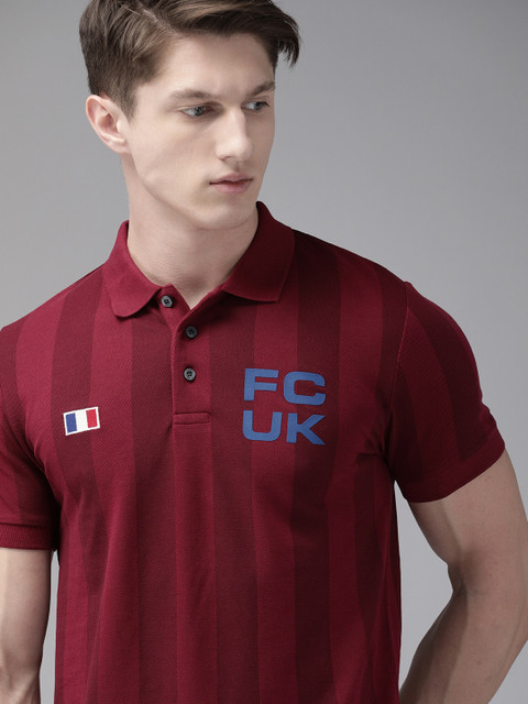 

French Connection Men Maroon Slim Fit Self-Striped Polo Collar T-shirt