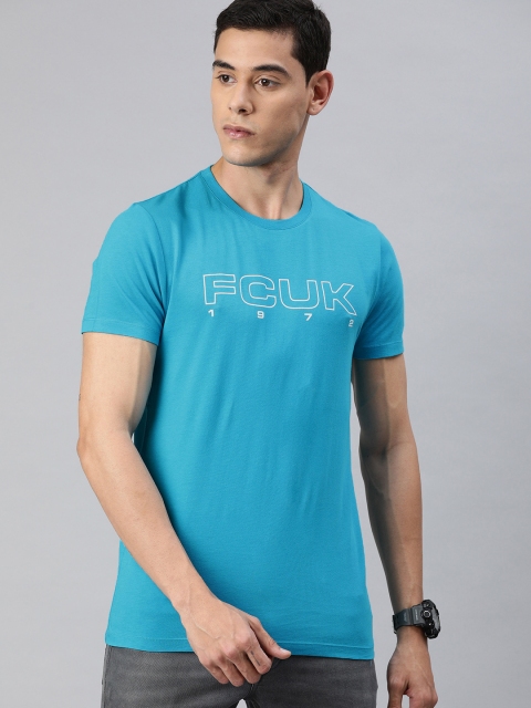 

French Connection Men Blue Slim Fit Printed Round Neck T-shirt
