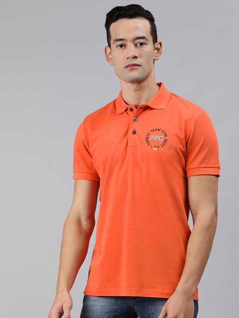 

French Connection Men Orange Solid Polo Collar T-shirt with Print Detail