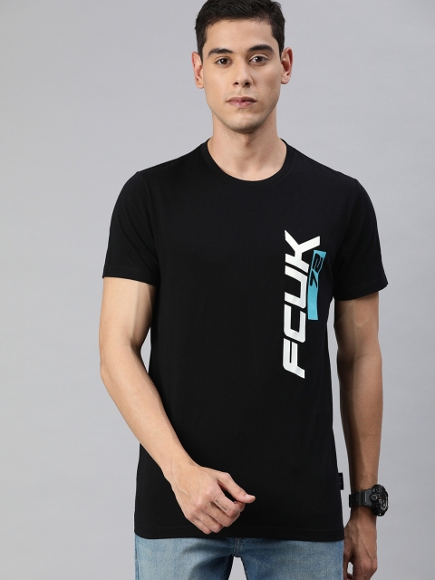 

French Connection Men Black Printed Slim Fit Round Neck Pure Cotton T-shirt