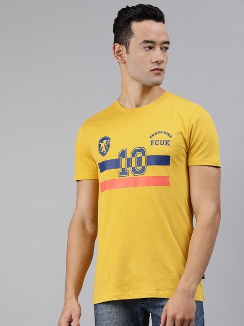 

French Connection Men Yellow Printed Slim Fit Round Neck Pure Cotton T-shirt
