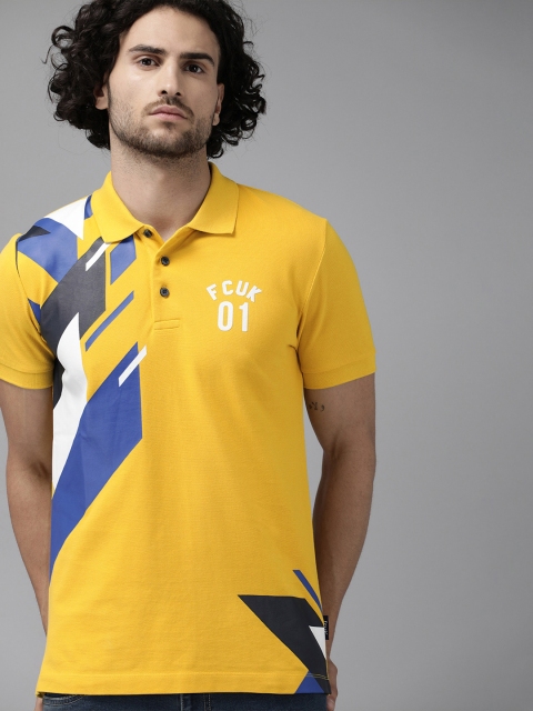 

French Connection Men Yellow Slim Fit Placement Printed Polo Collar T-shirt