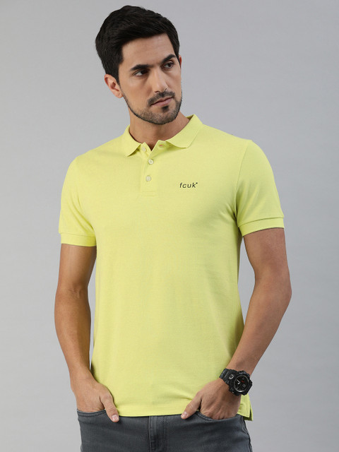 

French Connection Men Yellow Solid Slim Fit Polo Collar Pure Cotton T-shirt