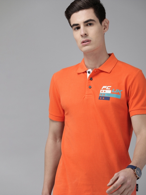 

French Connection Men Coral Orange Printed Polo Collar T-shirt