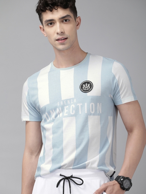 

French Connection Men Blue Striped Round Neck T-shirt