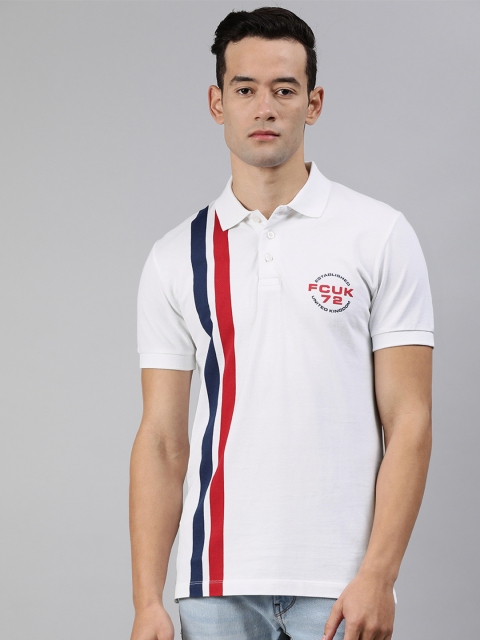 

French Connection Men White Striped Polo Collar T-shirt