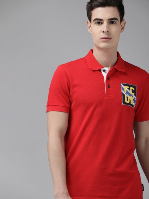 

French Connection Men Red Slim Fit Solid Polo Collar T-shirt with Applique Detail