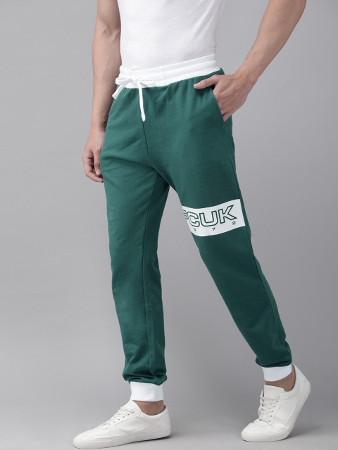 

French Connection Men Teal Green Slim Fit Solid Joggers with Printed Detail