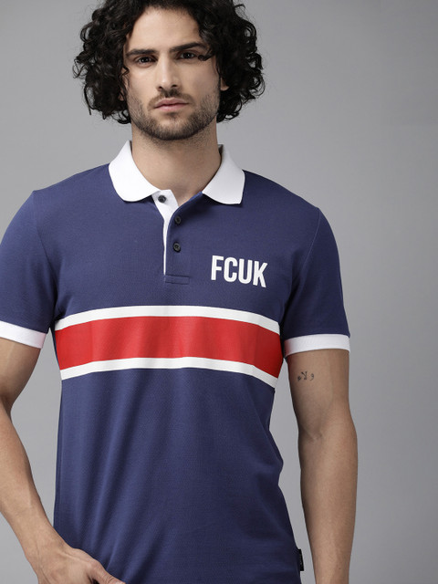 

French Connection Men Blue & Red Slim Fit Striped Polo Collar T-shirt