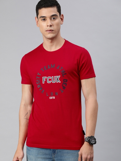 

French Connection Men Red Slim Fit Brand Logo Printed Round Neck Pure Cotton T-shirt