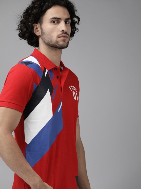 

French Connection Men Red Slim Fit Placement Printed Polo Collar T-shirt