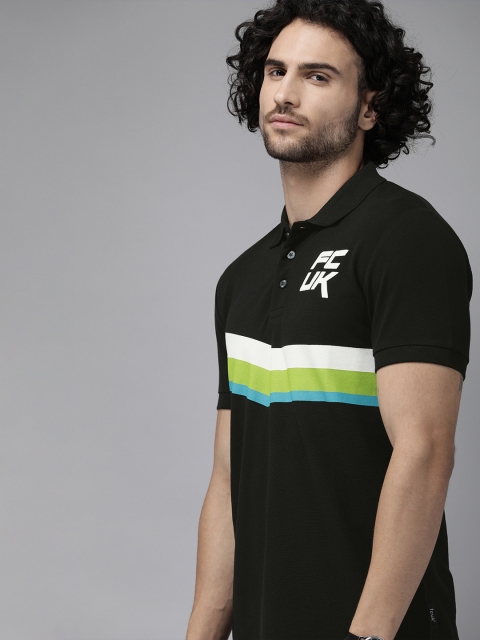 

French Connection Men Black Striped Polo Collar T-shirt