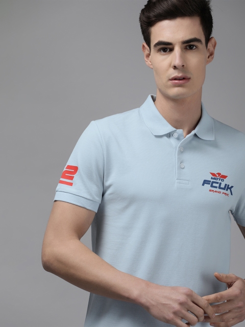 

French Connection Men Blue Printed Polo Collar T-shirt