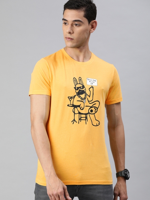 

French Connection Men Yellow Graphic Slim Fit Printed Round Neck T-shirt