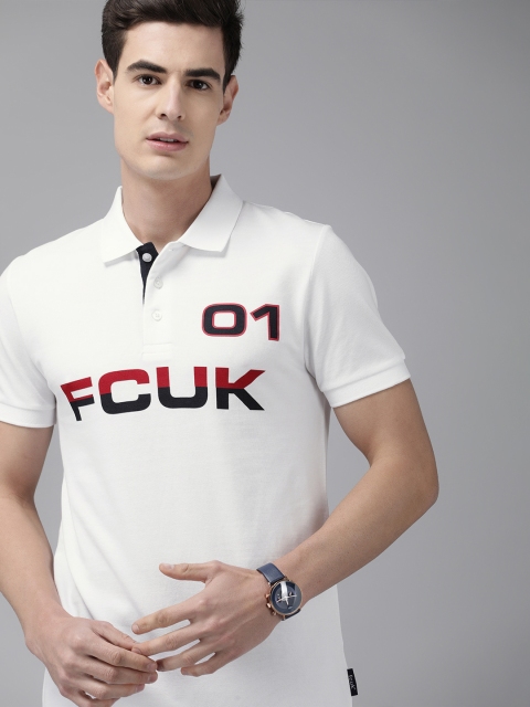 

French Connection Men White Printed Polo Collar T-shirt