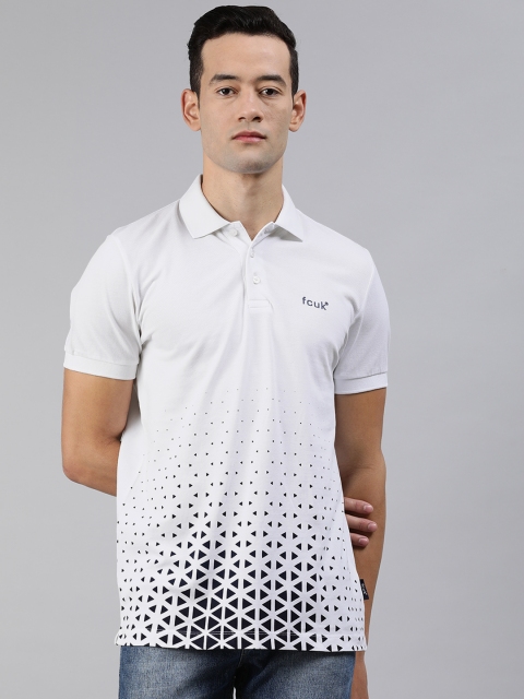 

French Connection Men White & Navy Blue Printed Polo Collar T-shirt