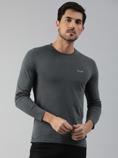 

French Connection Men Charcoal Grey Solid Round Neck Pure Cotton T-shirt