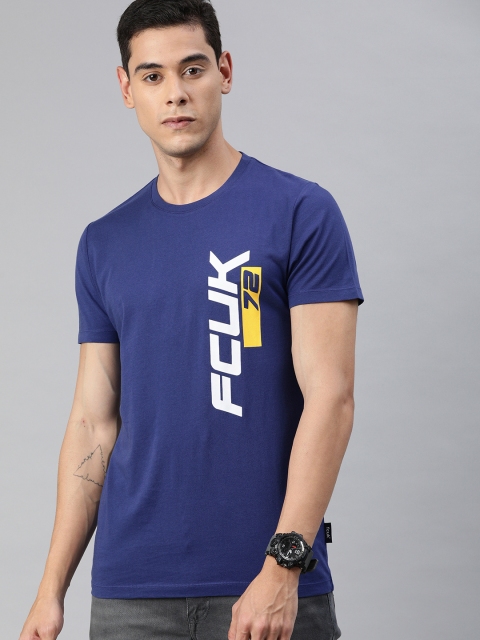 

French Connection Men Blue Slim Fit Placement Printed Round Neck T-shirt