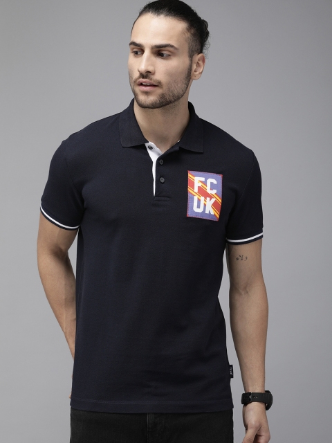 

French Connection Men Navy Blue Pure Cotton Solid Polo Collar T-shirt