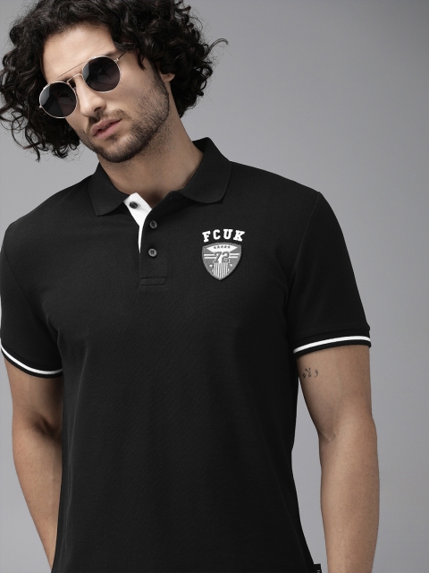 

French Connection Men Black Slim Fit Solid Polo Collar T-shirt with Embroidered Detail