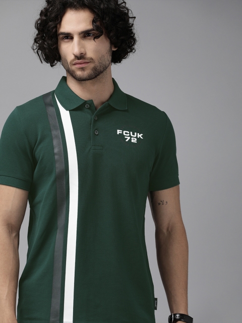 

French Connection Men Green & White Slim Fit Striped Polo Collar T-shirt