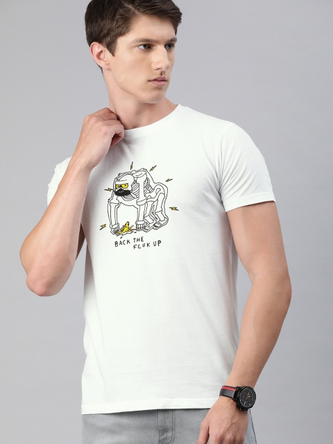 

French Connection Men White Slim Fit Conversational Printed Round Neck Pure Cotton T-shirt