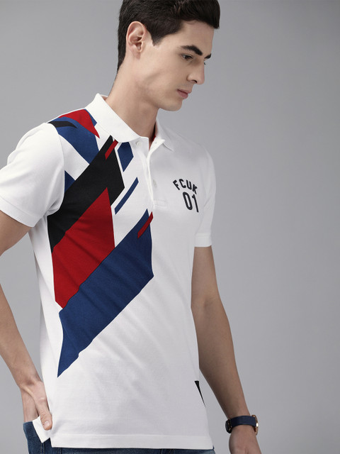 

French Connection Men White & Navy Blue Printed Polo Collar T-shirt