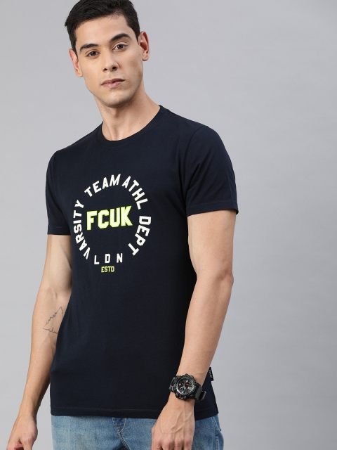 

French Connection Men Navy Blue Printed Slim Fit Round Neck Pure Cotton T-shirt