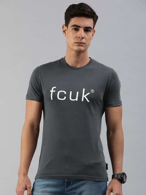 

French Connection Men Charcoal Grey Printed Round Neck Pure Cotton T-shirt